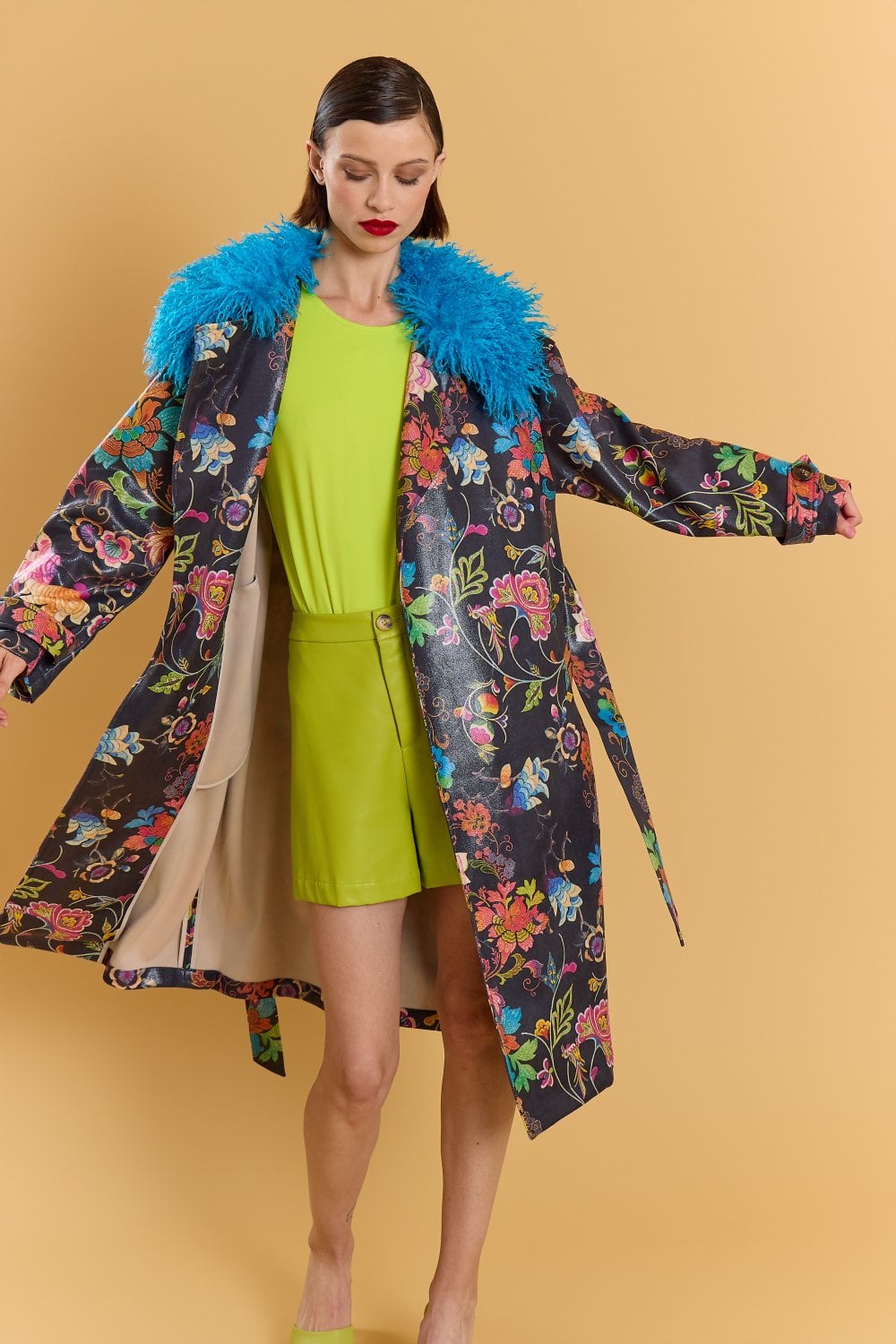 Black Faux Suede Embroidery Effect Trench Coat