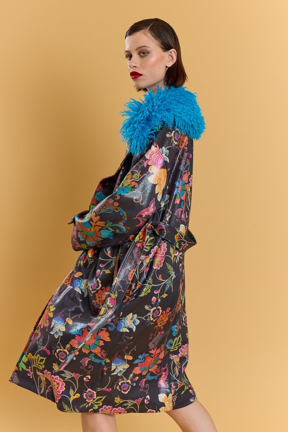 Black Faux Suede Embroidery Effect Trench Coat