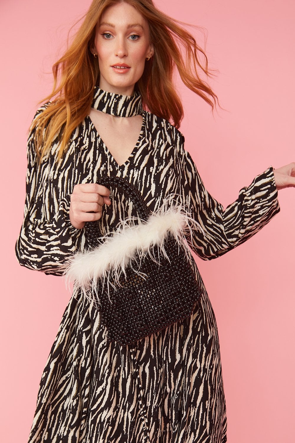 Black Handmade Pearl Tote Bag with Feather Trim