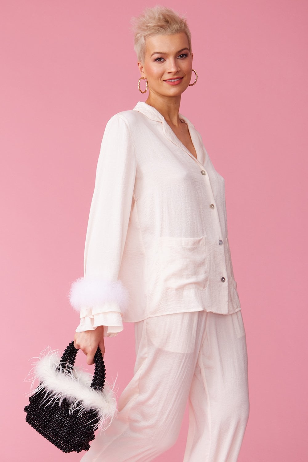 Black Handmade Pearl Tote Bag with Feather Trim