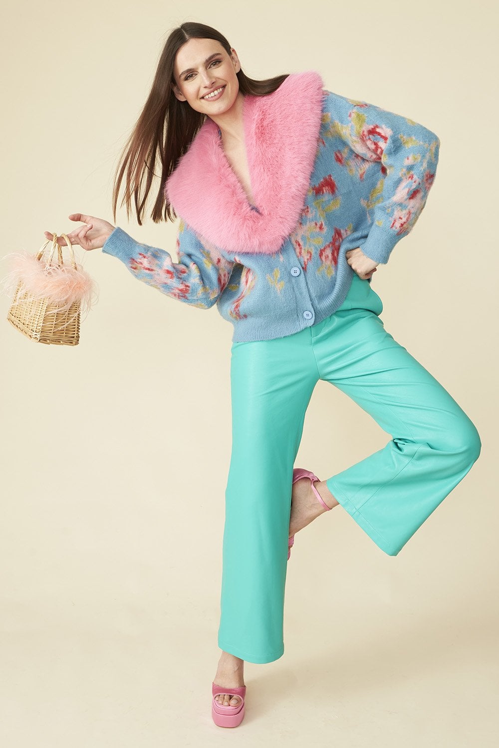 Blue Banana Peel Floral Cardigan with Pink Faux Fur Collar