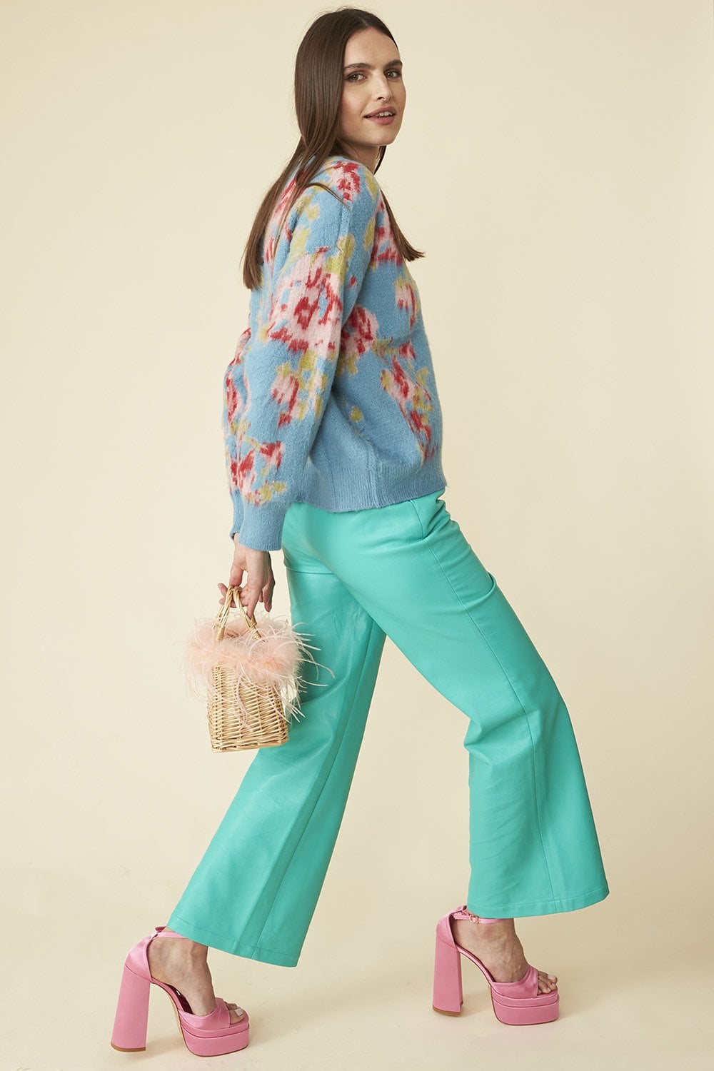 Blue Banana Peel Floral Cardigan with Pink Faux Fur Collar