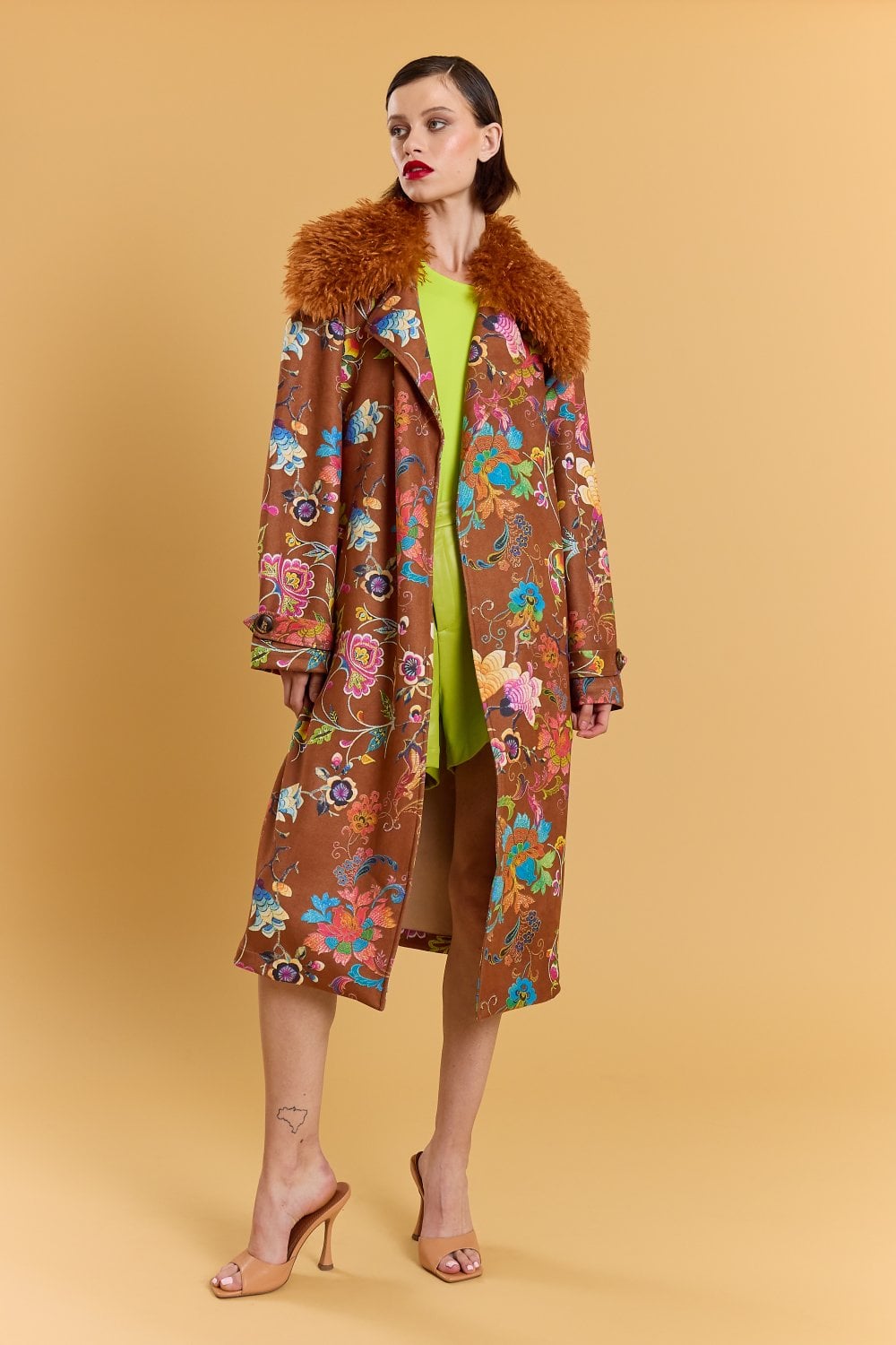 Brown Faux Suede Embroidery Effect Trench Coat