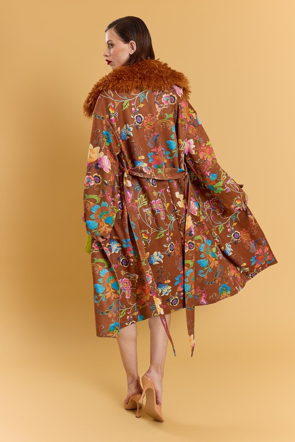 Brown Faux Suede Embroidery Effect Trench Coat