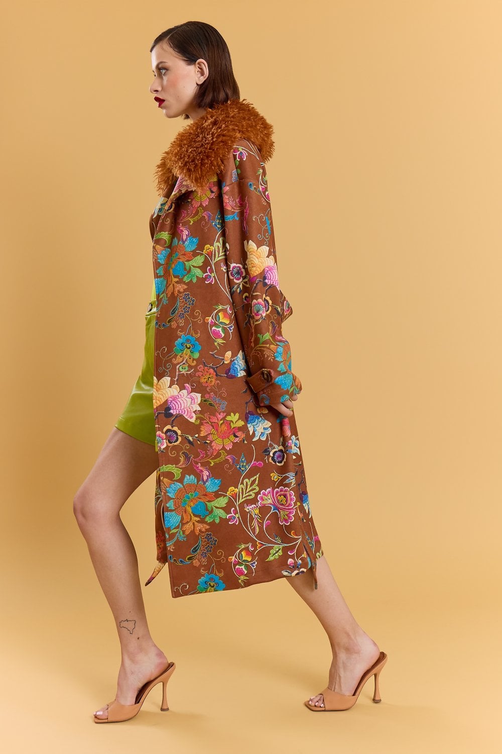 Brown Faux Suede Embroidery Effect Trench Coat