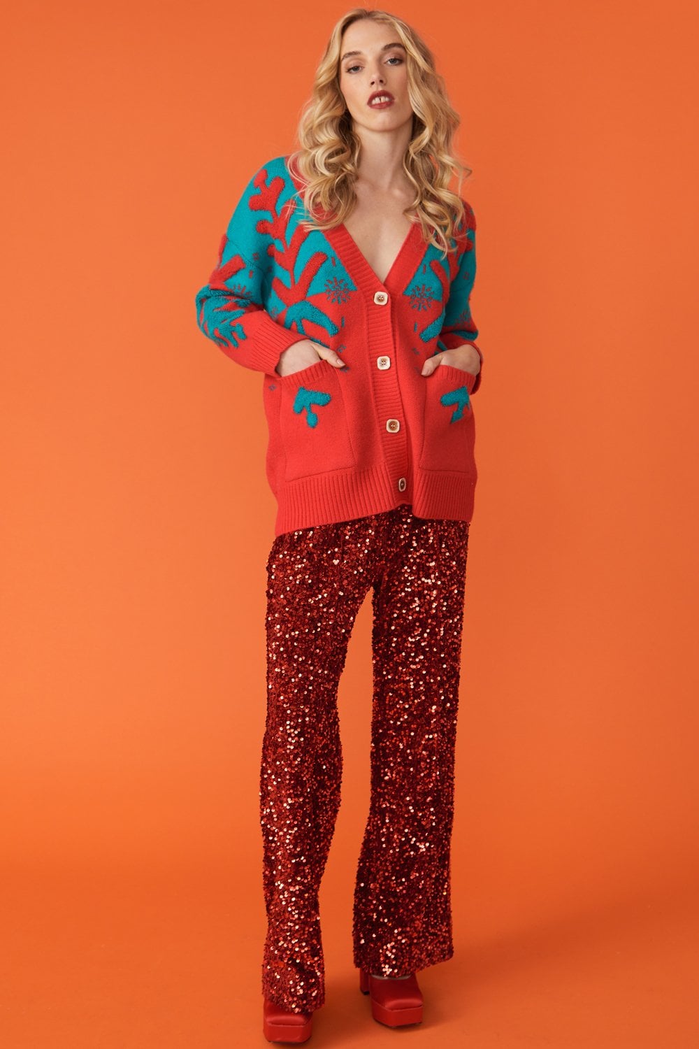 Christmas Tree Red and Green Cashmere Cardigan