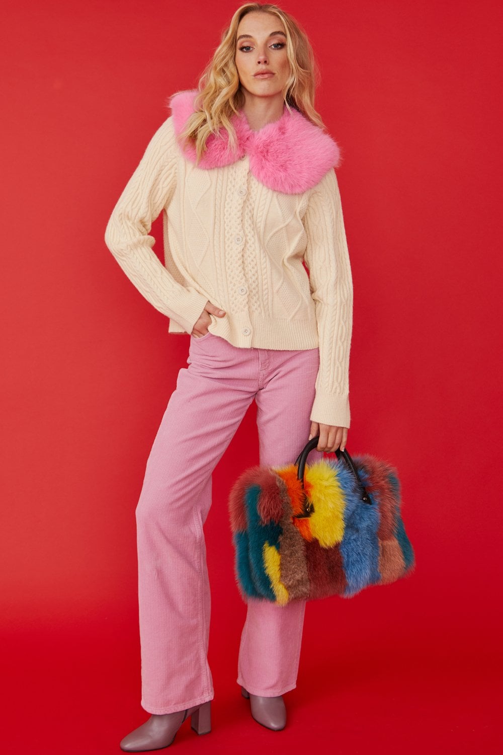 Cream Cashmere and Banana Peel Cardigan with Bold Pink Faux Fur Collar