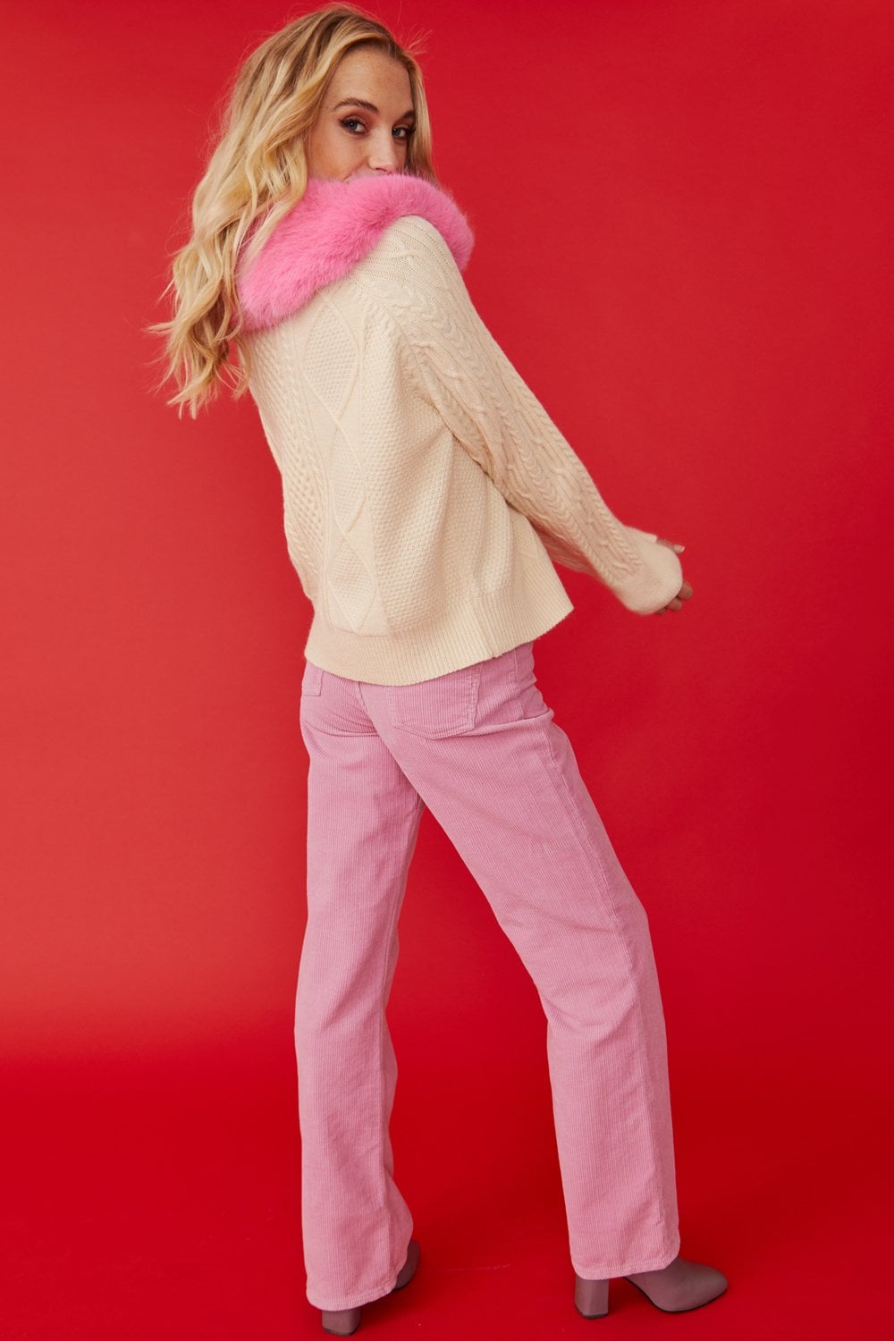 Cream Cashmere and Banana Peel Cardigan with Bold Pink Faux Fur Collar