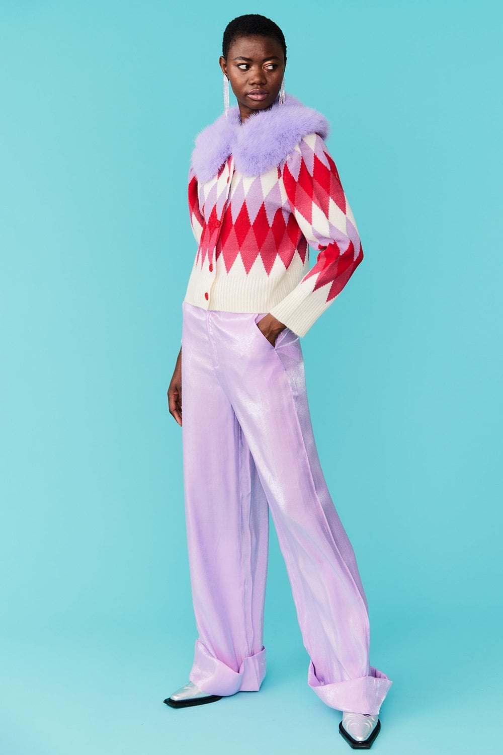 Diamond Design Banana Peel Cardigan Multi-Coloured with Faux Fur Collar