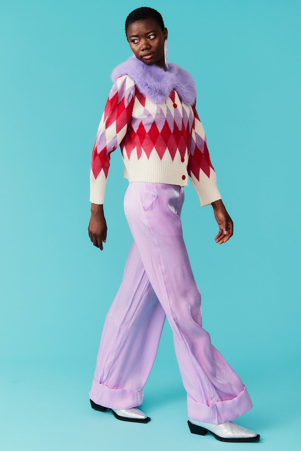 Diamond Design Banana Peel Cardigan Multi-Coloured with Faux Fur Collar