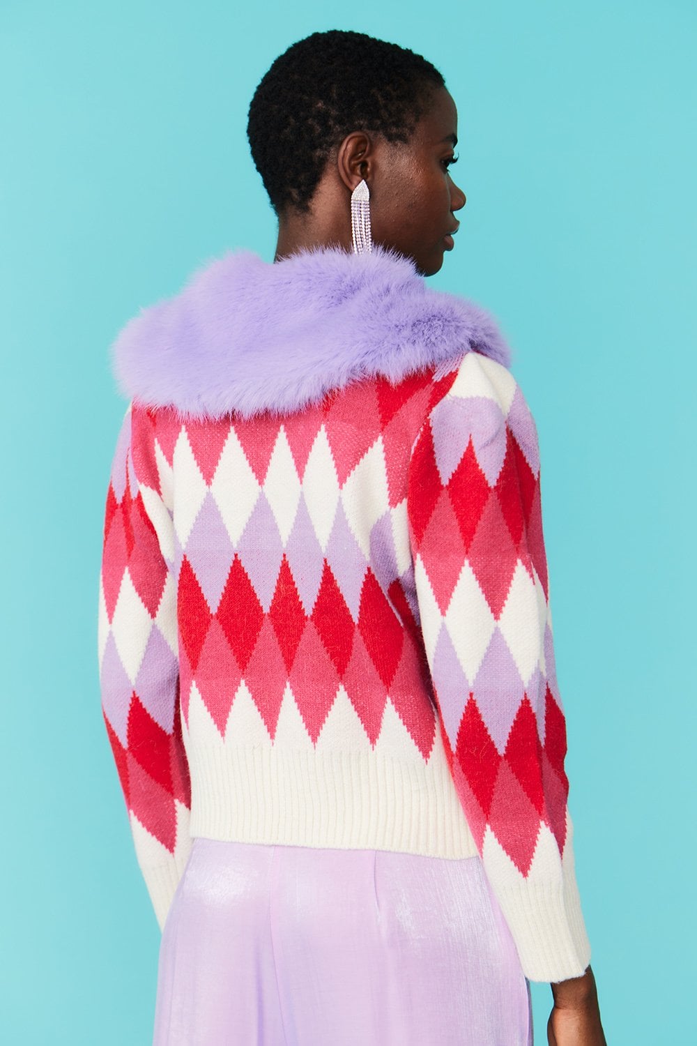 Diamond Design Banana Peel Cardigan Multi-Coloured with Faux Fur Collar