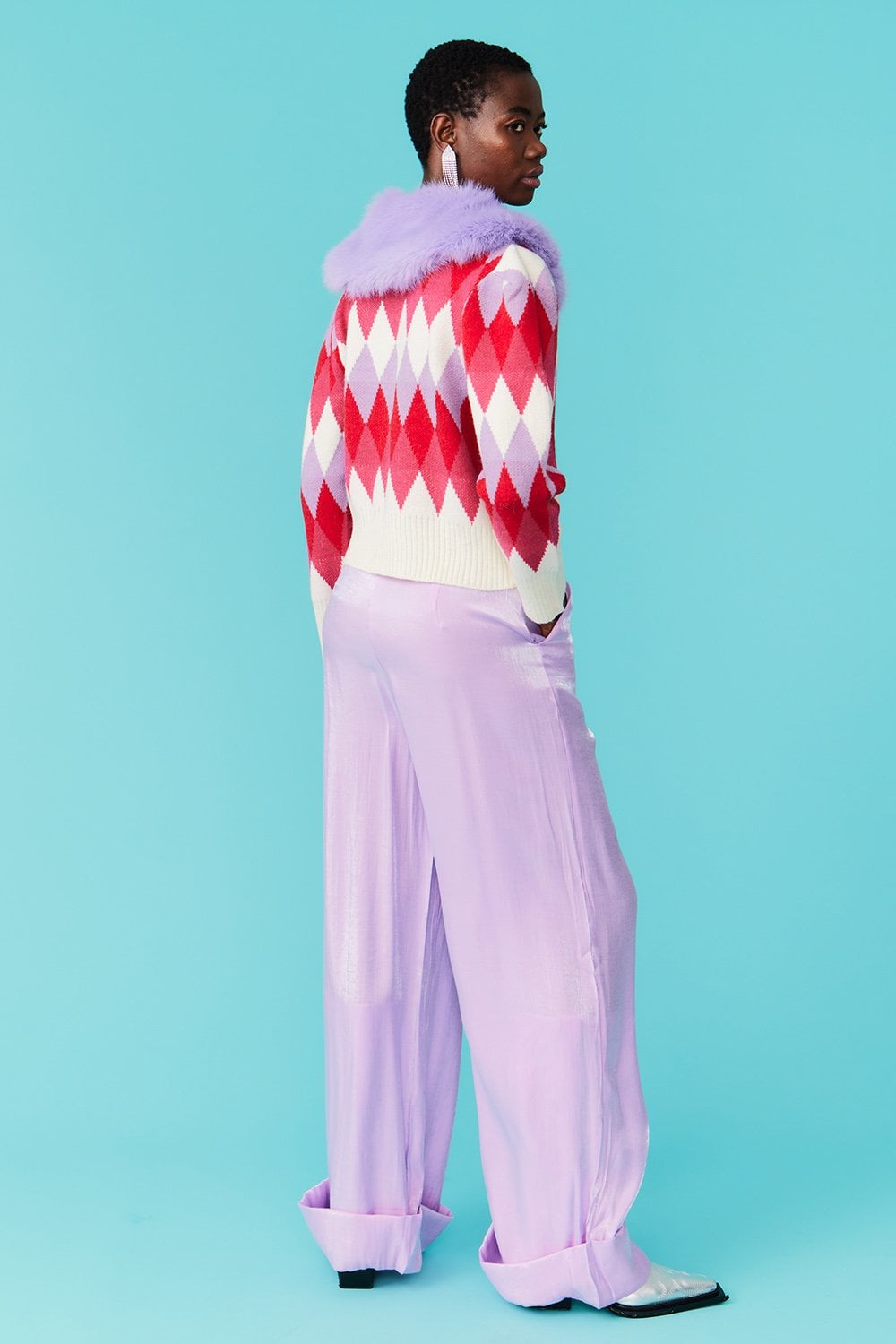 Diamond Design Banana Peel Cardigan Multi-Coloured with Faux Fur Collar