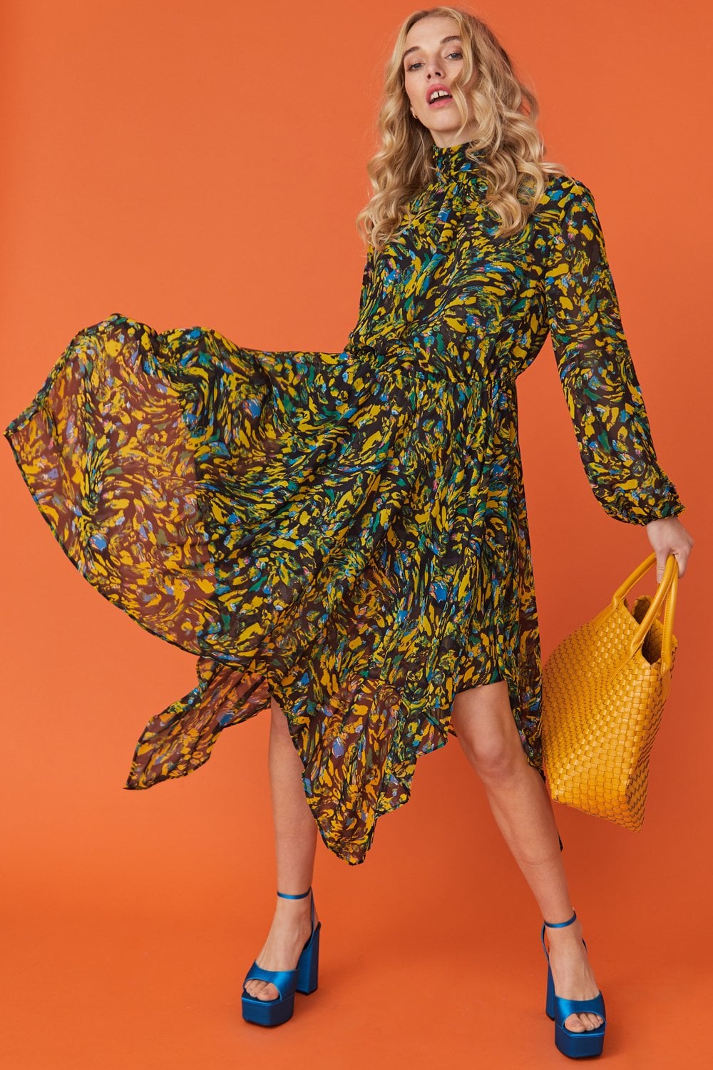 Floral Hanky Hem Chiffon Midi Dress with High Neck