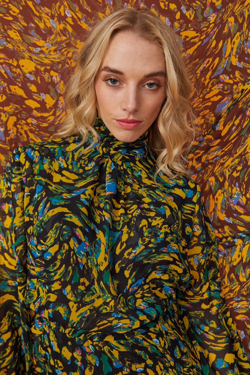 Floral Hanky Hem Chiffon Midi Dress with High Neck