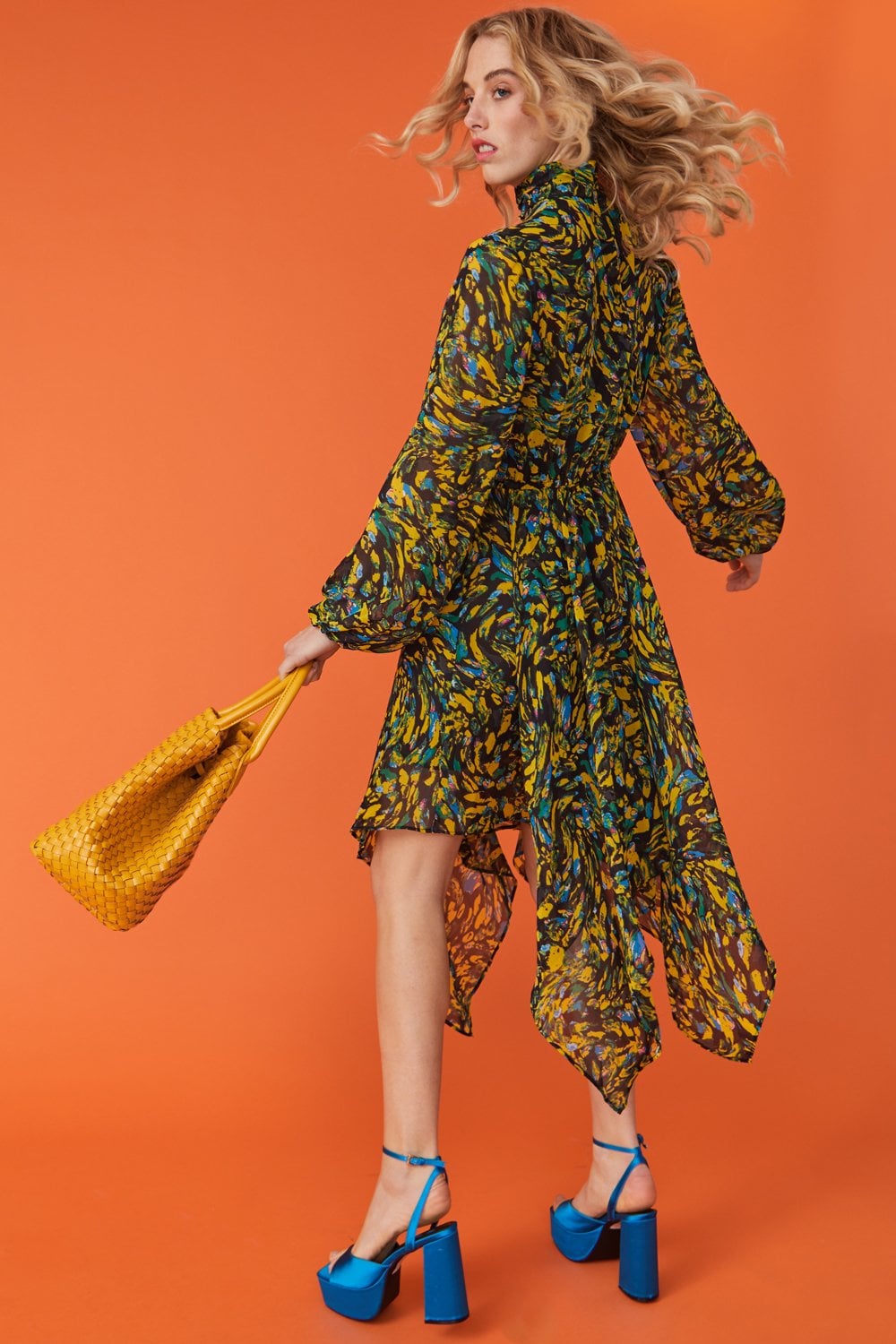 Floral Hanky Hem Chiffon Midi Dress with High Neck