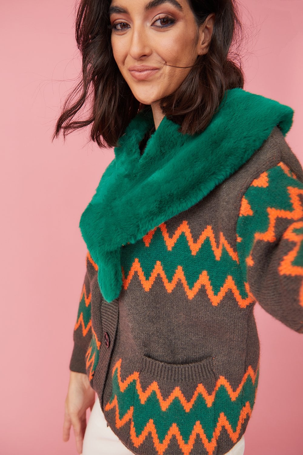Green and Brown Zig Zag Cardigan With Faux Fur Collar