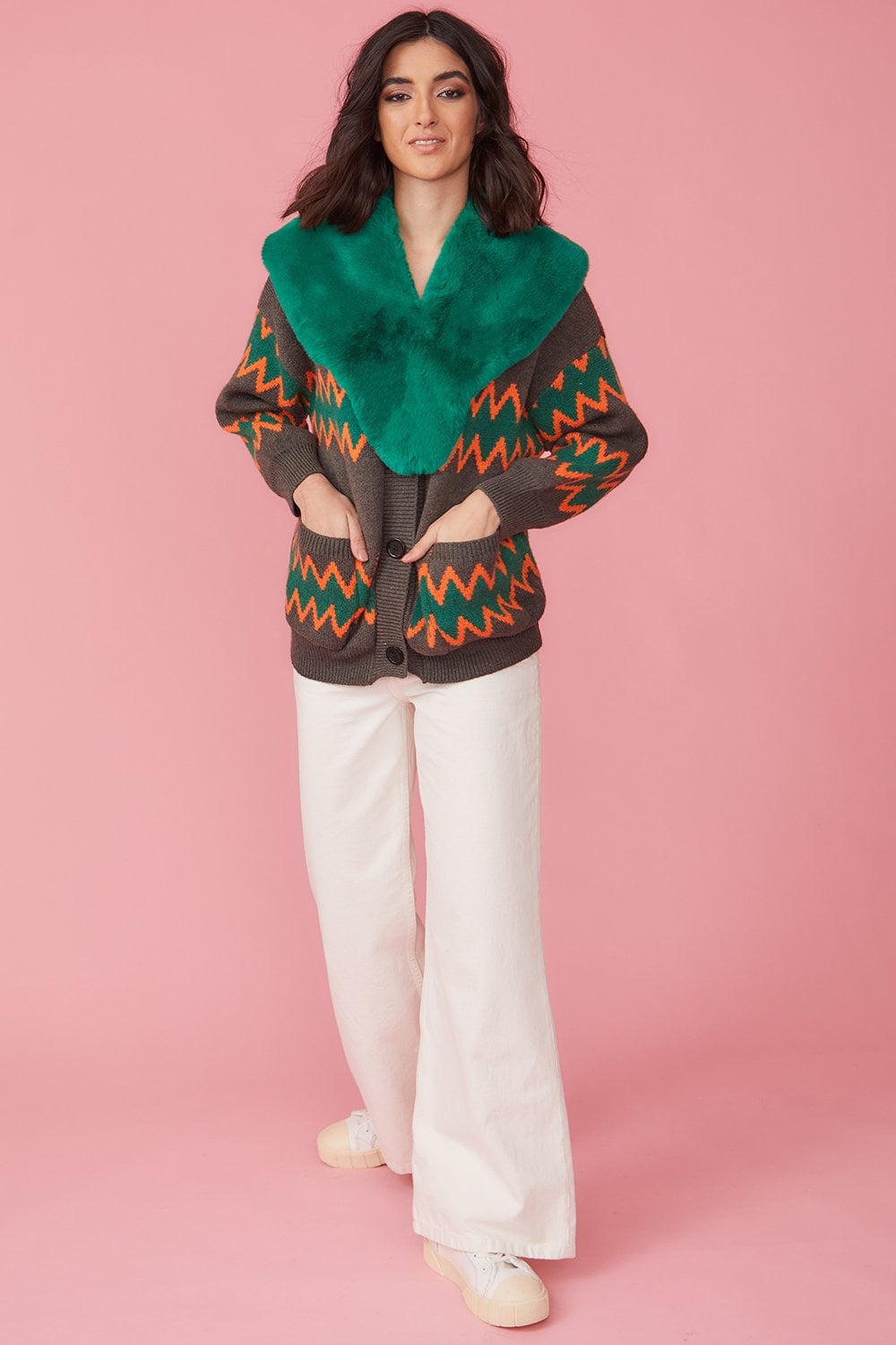 Green and Brown Zig Zag Cardigan With Faux Fur Collar