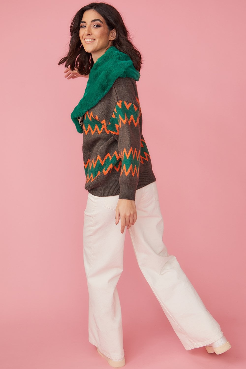 Green and Brown Zig Zag Cardigan With Faux Fur Collar