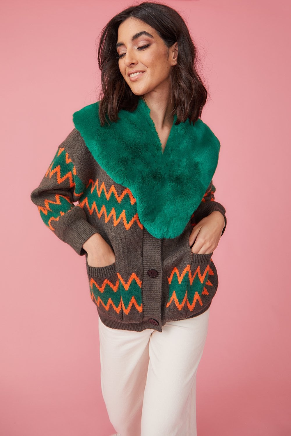 Green and Brown Zig Zag Cardigan With Faux Fur Collar