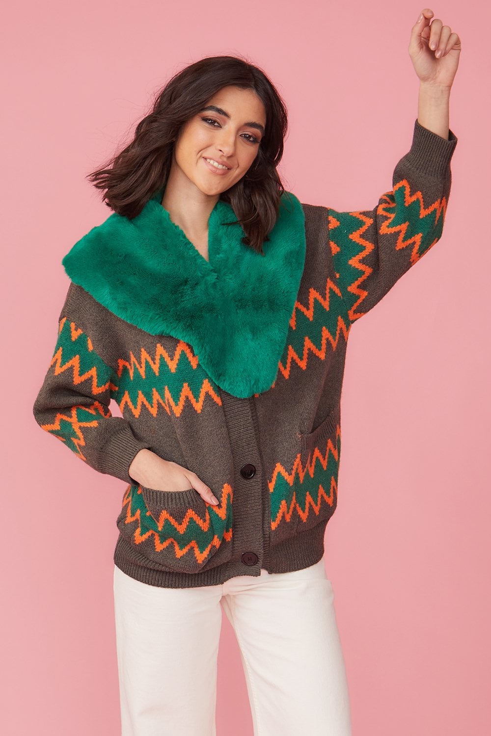 Green and Brown Zig Zag Cardigan With Faux Fur Collar
