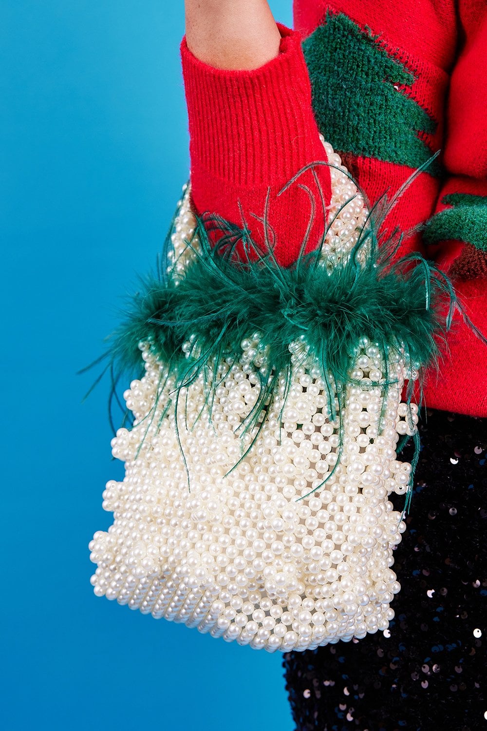 Green Handmade Pearl Tote Bag with Feather Trim