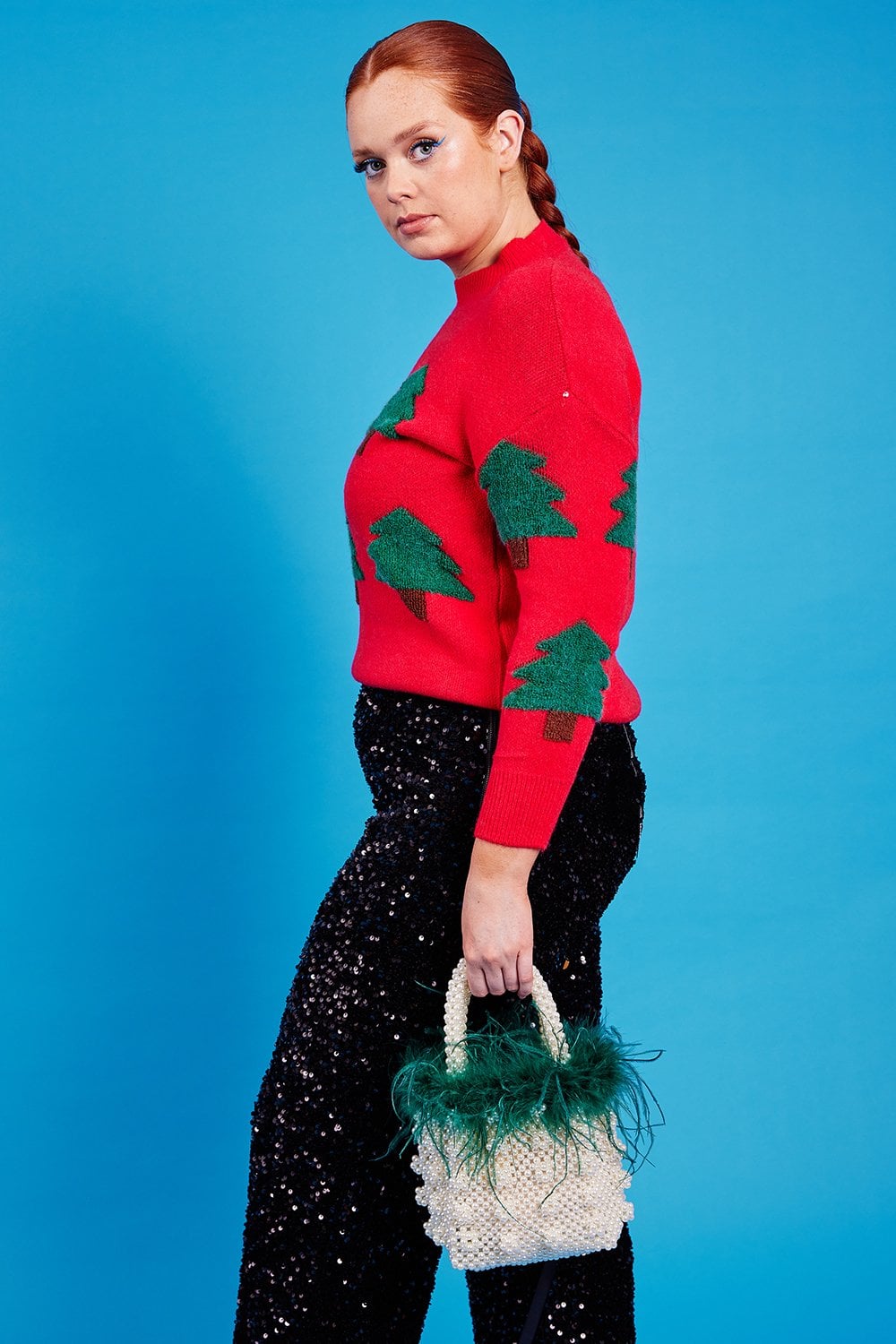 Green Handmade Pearl Tote Bag with Feather Trim