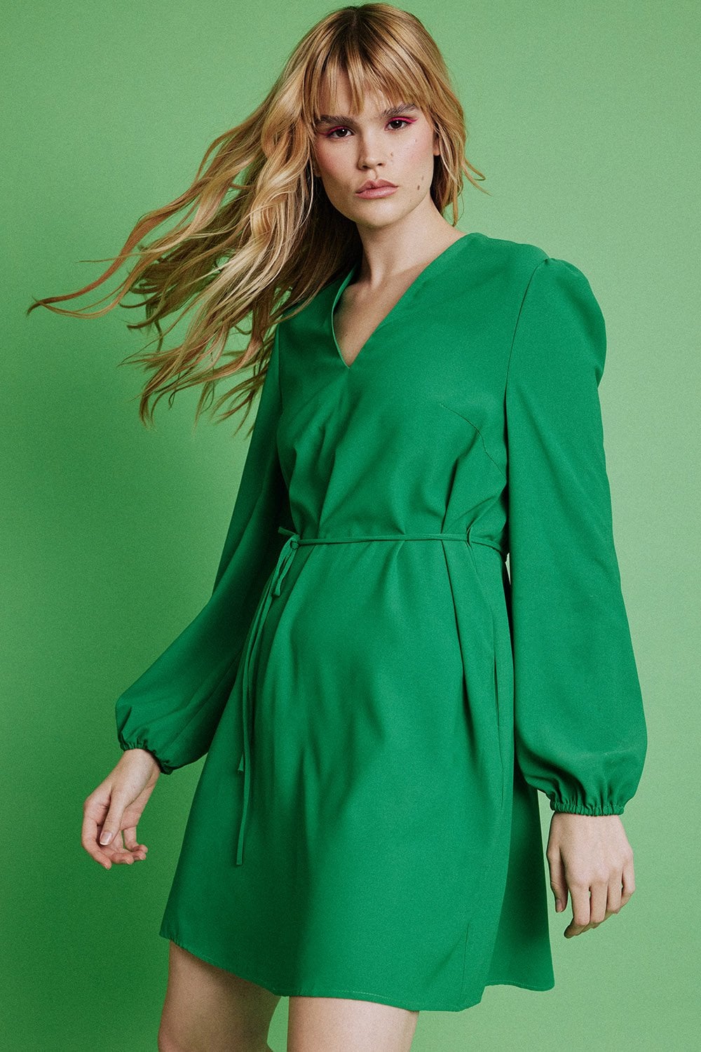 Green Silk Blend Long Sleeve Mini Dress