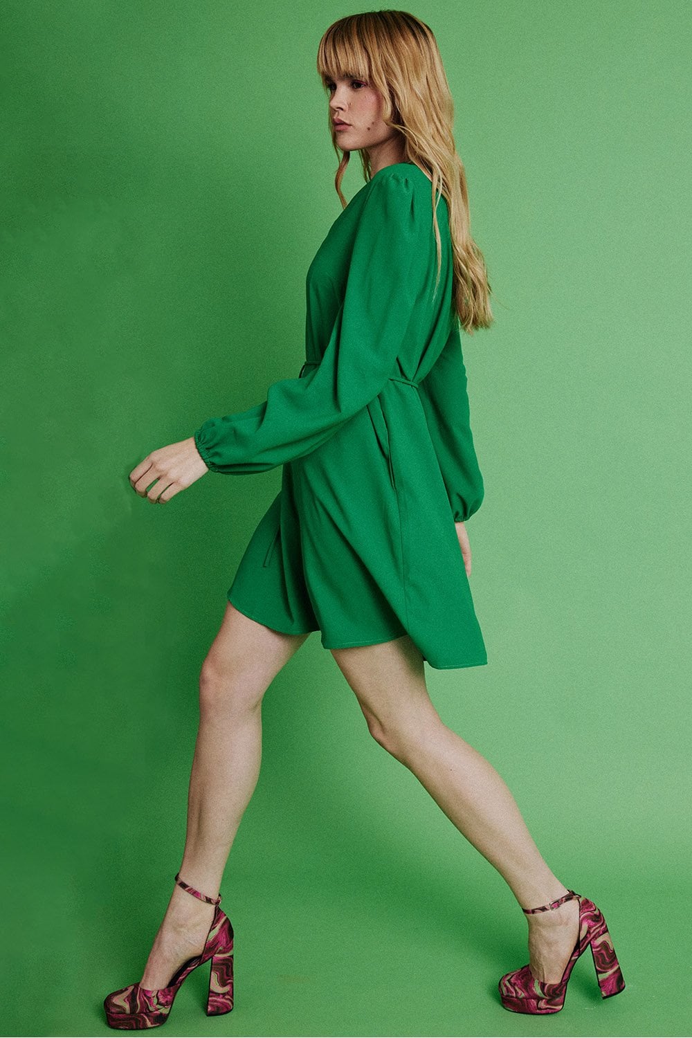 Green Silk Blend Long Sleeve Mini Dress