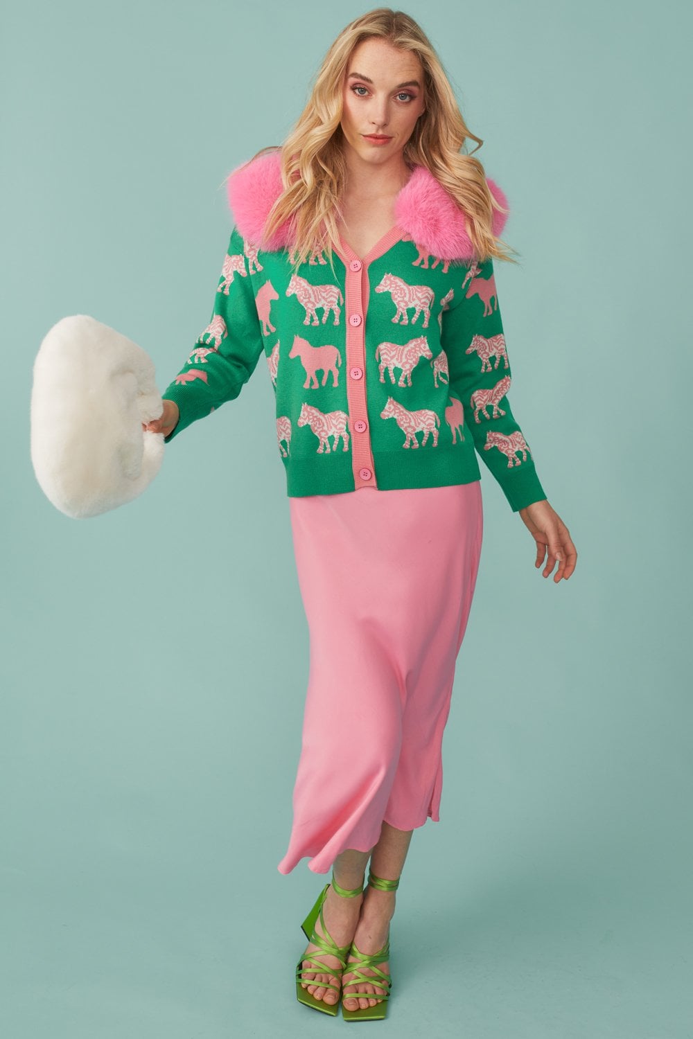 Green Zebra Design Banana Peel & Cashmere Cardigan with Pink Detachable Faux Fur Collar