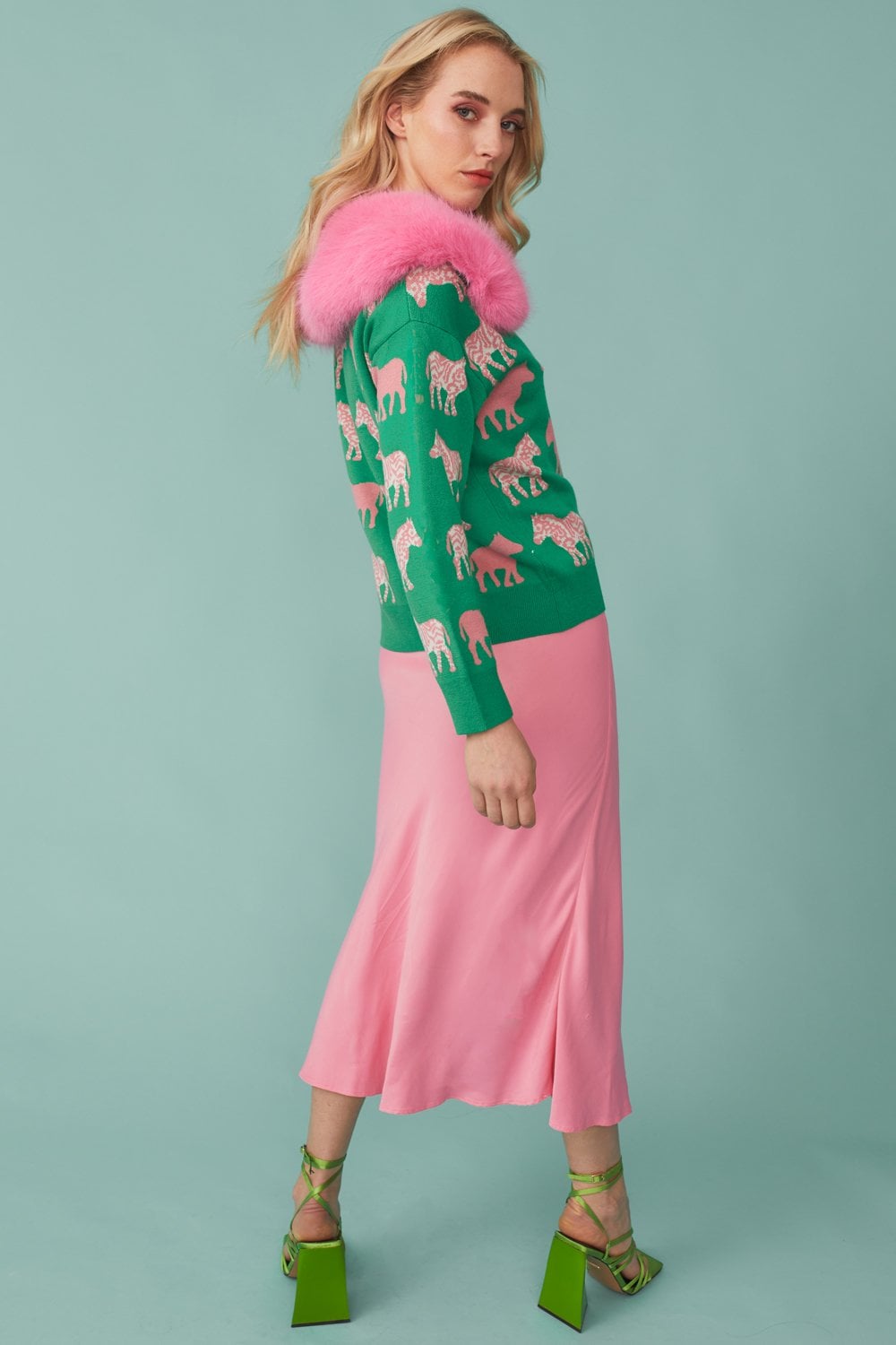 Green Zebra Design Banana Peel & Cashmere Cardigan with Pink Detachable Faux Fur Collar