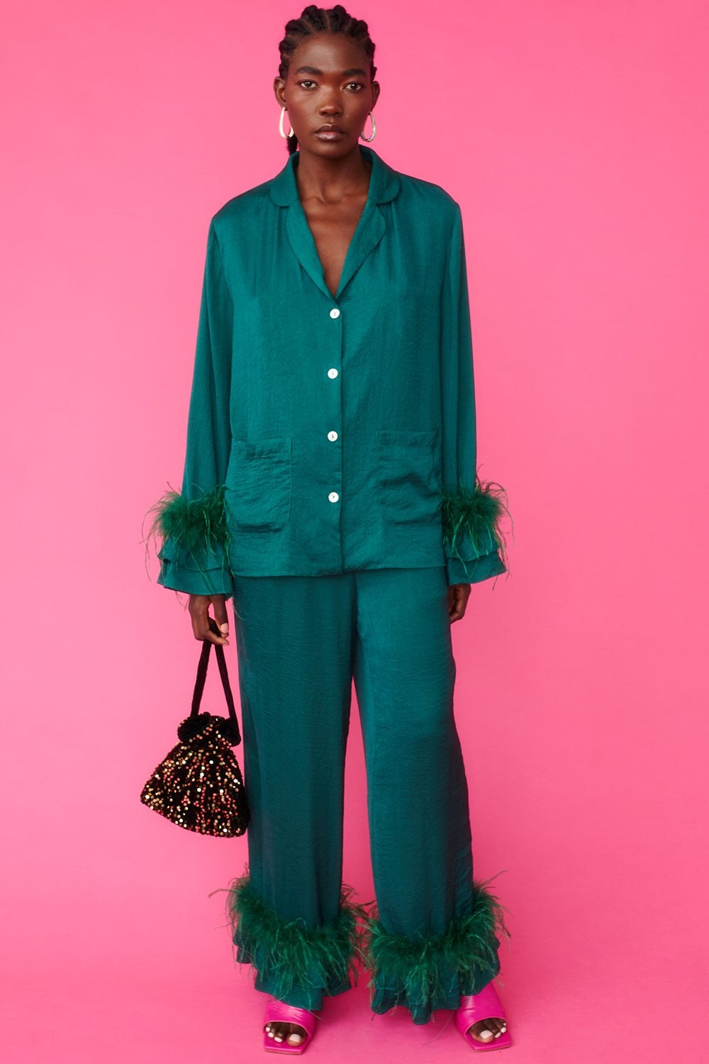 Holly Feather Pyjamas in Christmas Green