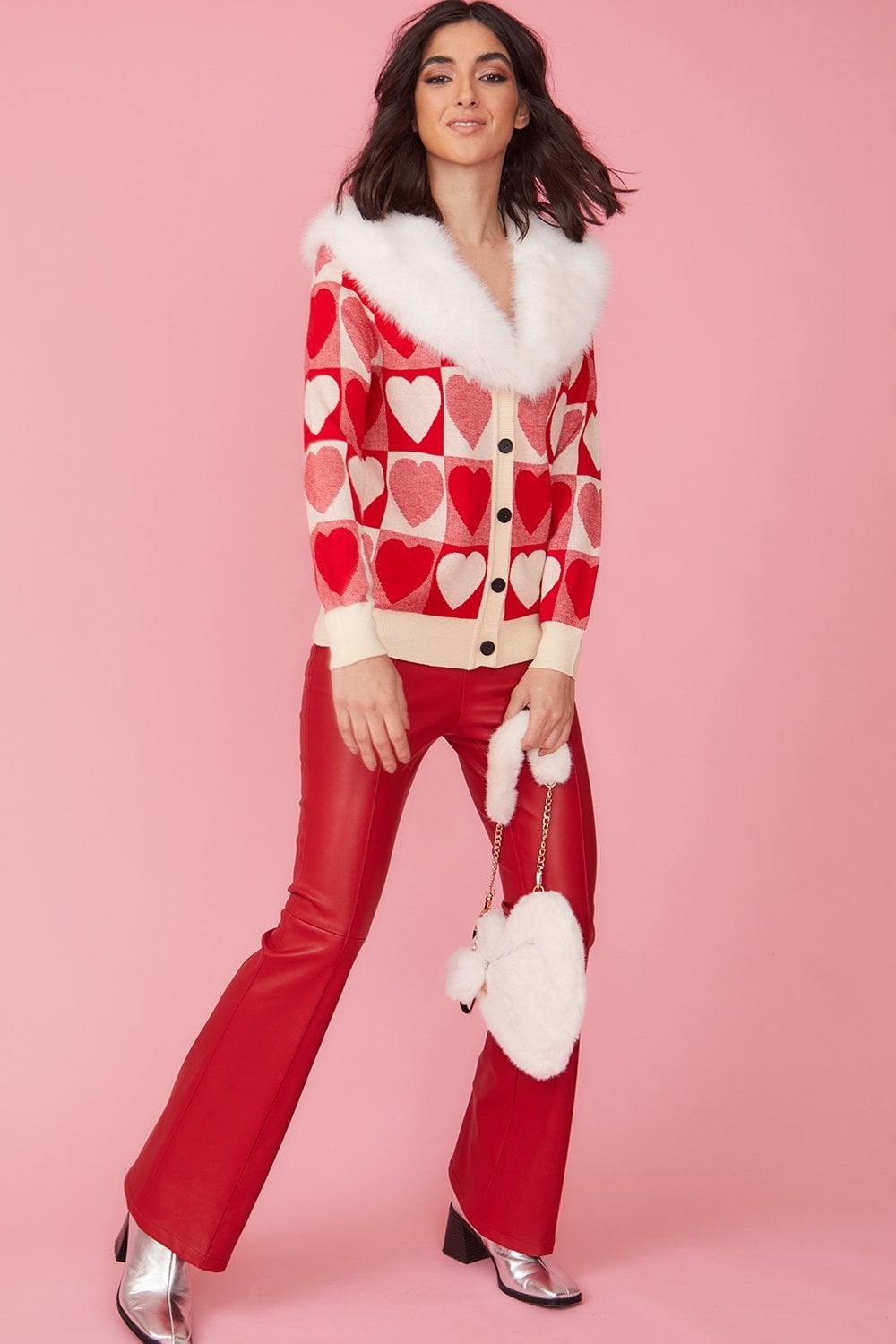 Love Heart Cashmere and Banana Peel Cardigan with Fur Collar