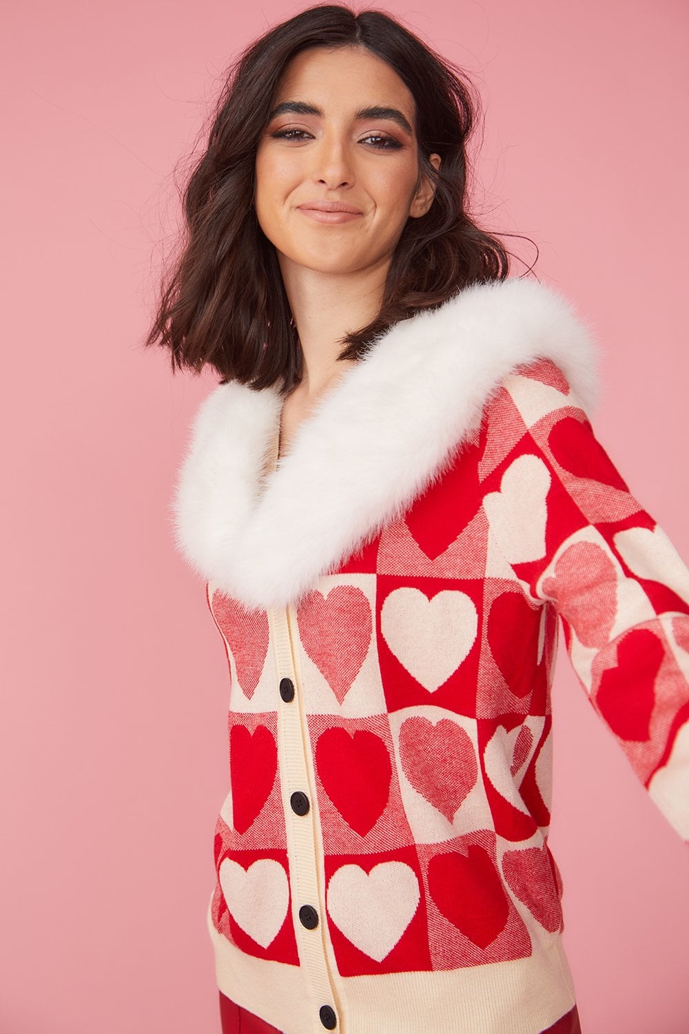 Love Heart Cashmere and Banana Peel Cardigan with Fur Collar