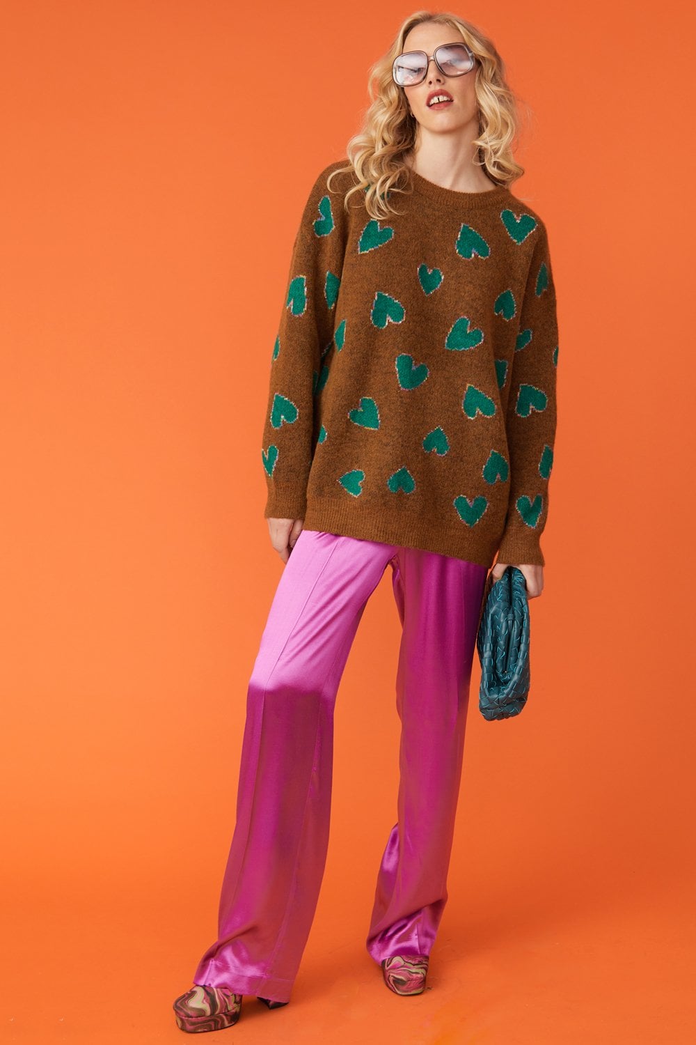 Brown and Green Love Heart Cashmere and Banana Peel Jumper