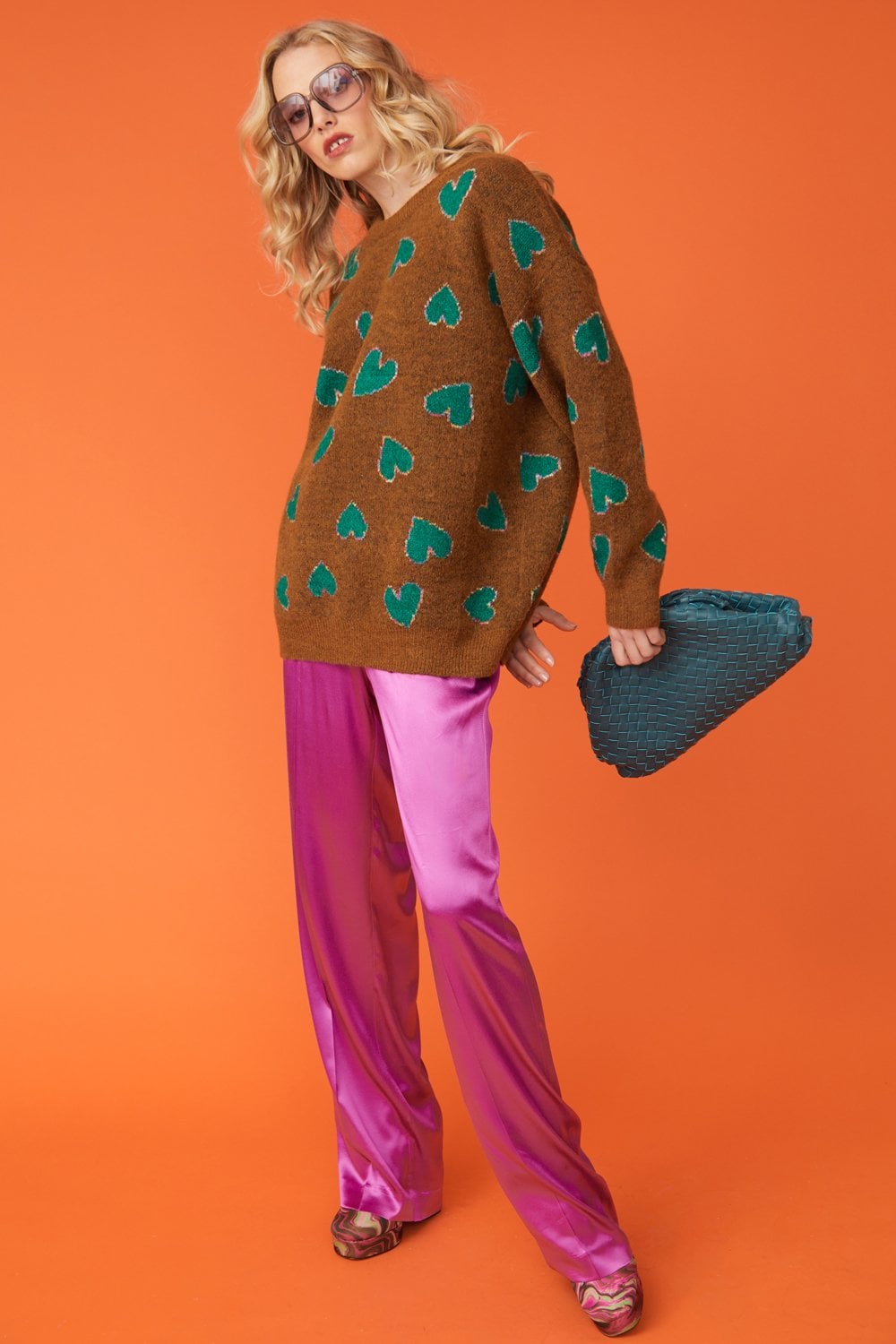 Brown and Green Love Heart Cashmere and Banana Peel Jumper