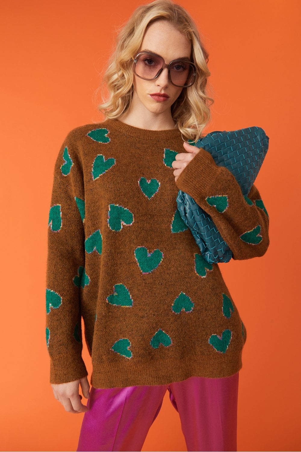 Brown and Green Love Heart Cashmere and Banana Peel Jumper