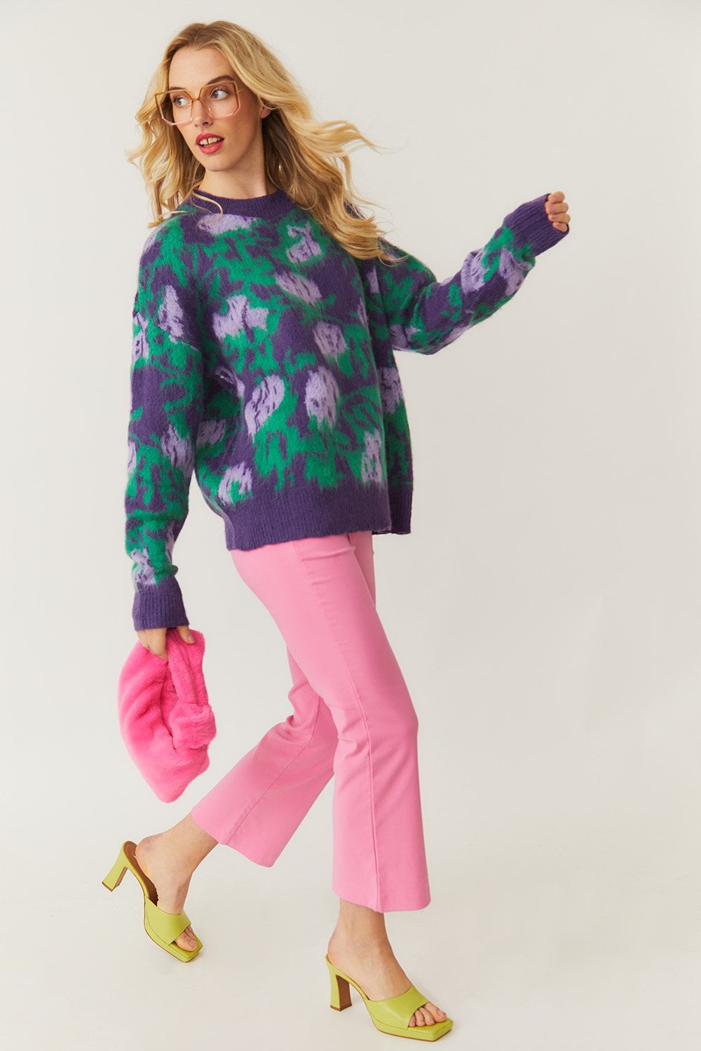 Purple Floral Brushed Cashmere Oversized Jumper