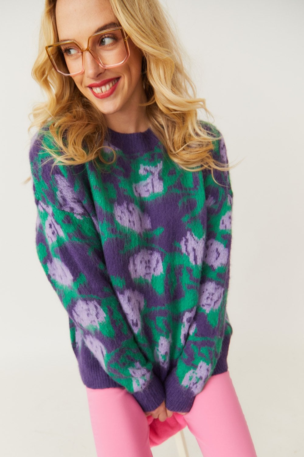 Purple Floral Brushed Cashmere Oversized Jumper