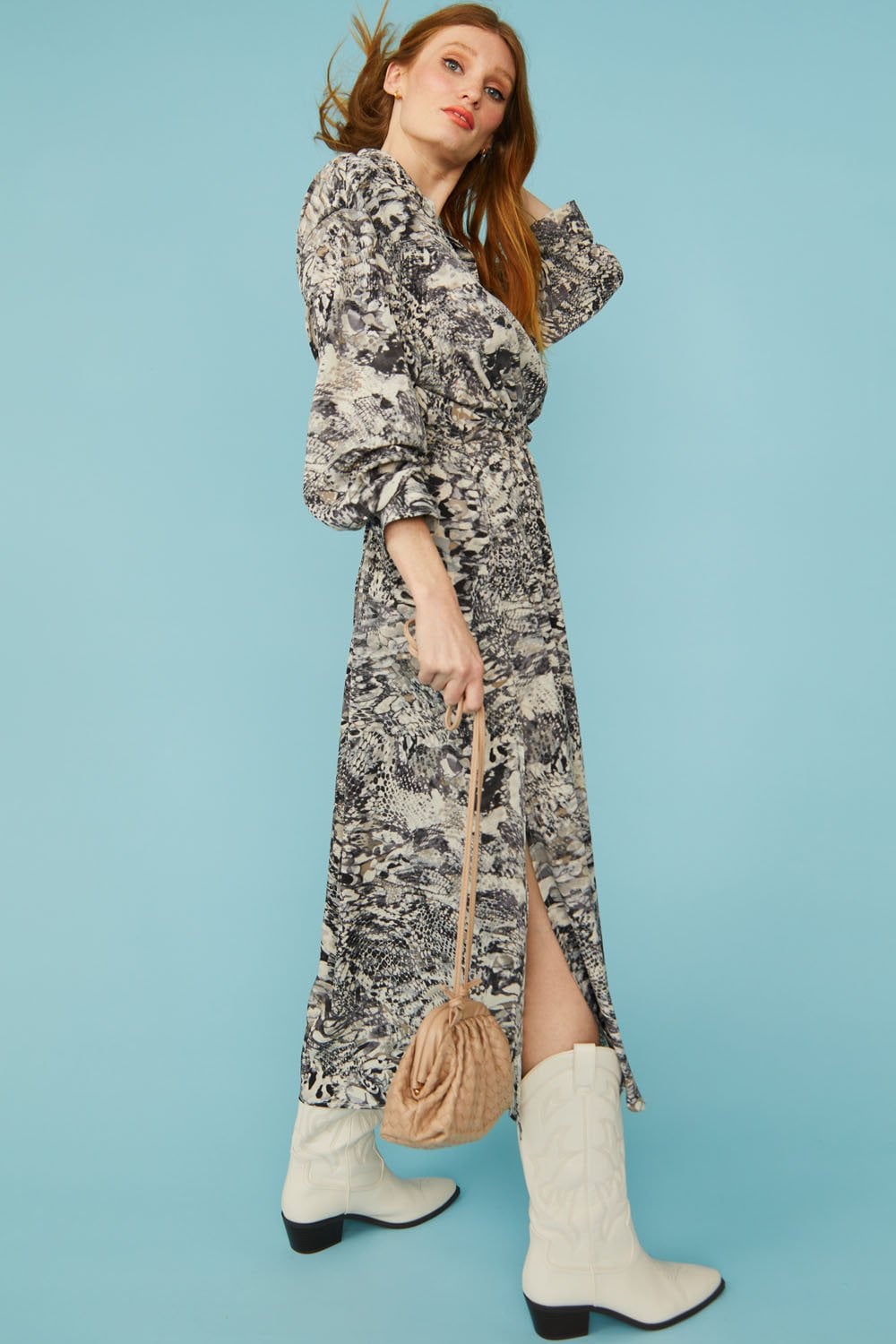 Maxi Grey Silk Blend Snake print Dress