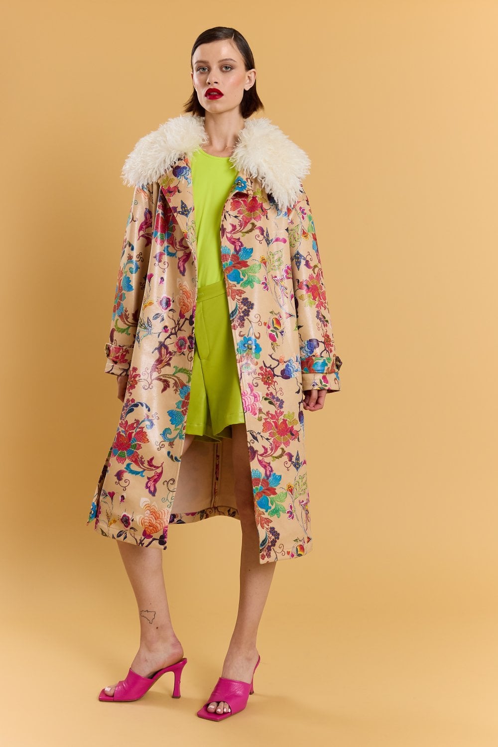 Mocha Faux Suede Embroidery Effect Trench Coat