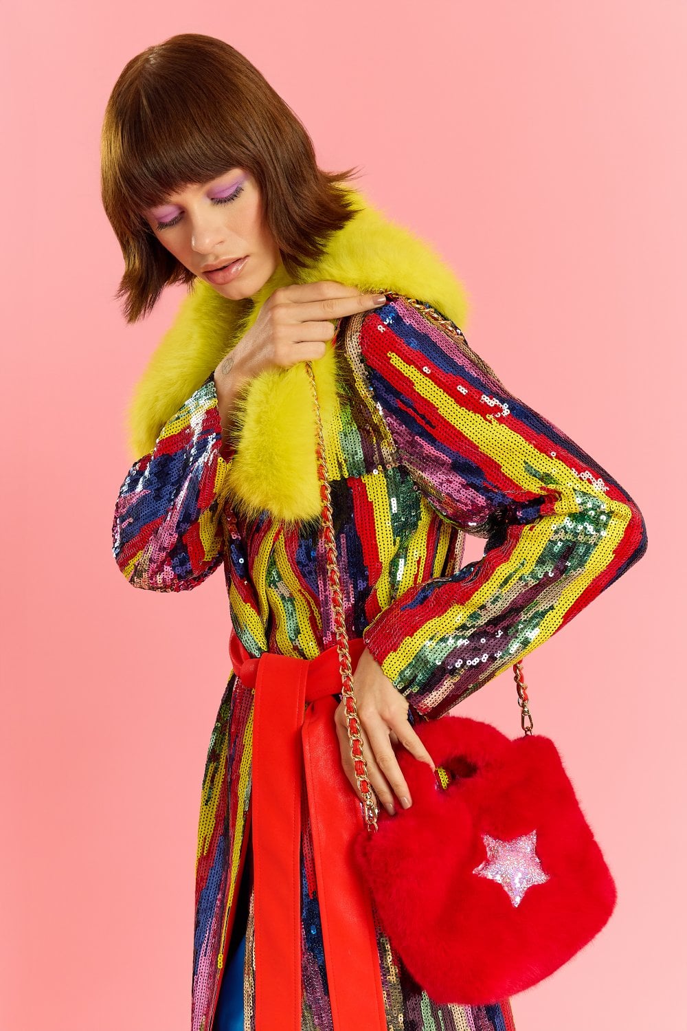 Red Bamboo Faux Fur Sequins Star Bag