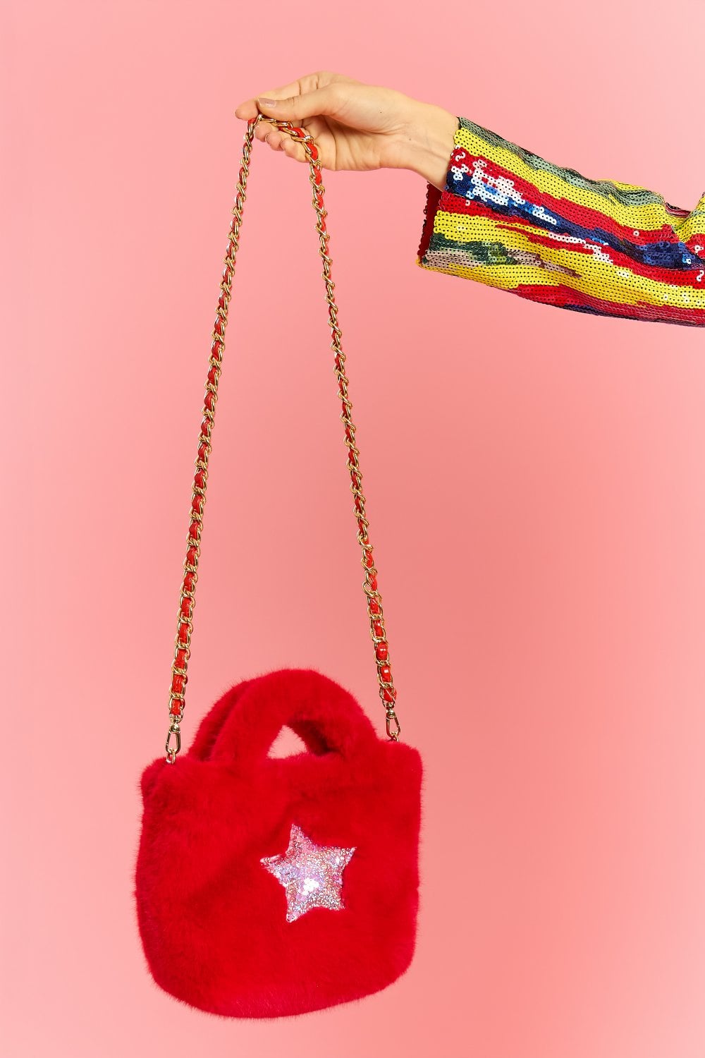Red Bamboo Faux Fur Sequins Star Bag