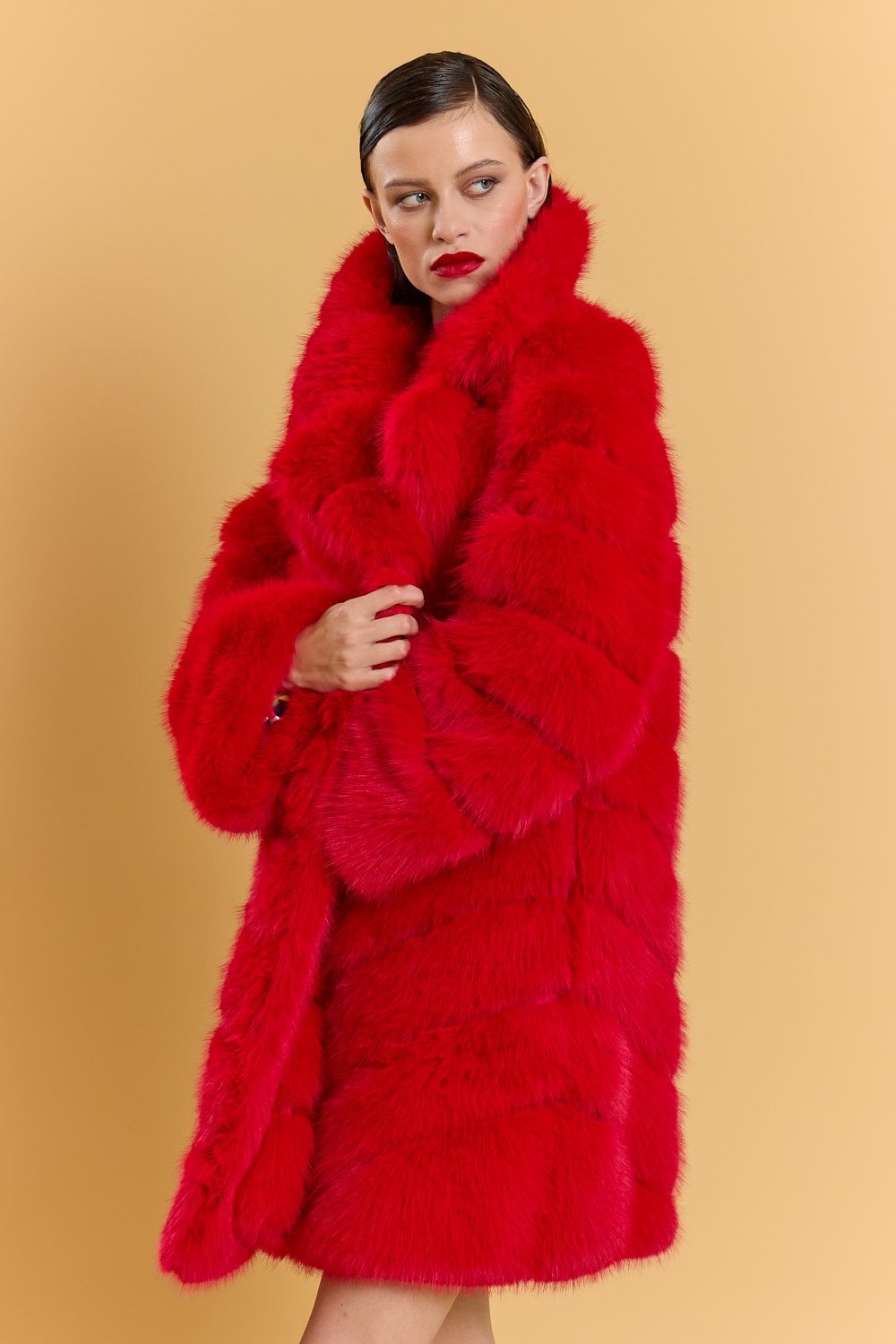 Red Handmade Bamboo Blend Faux Fur Coat