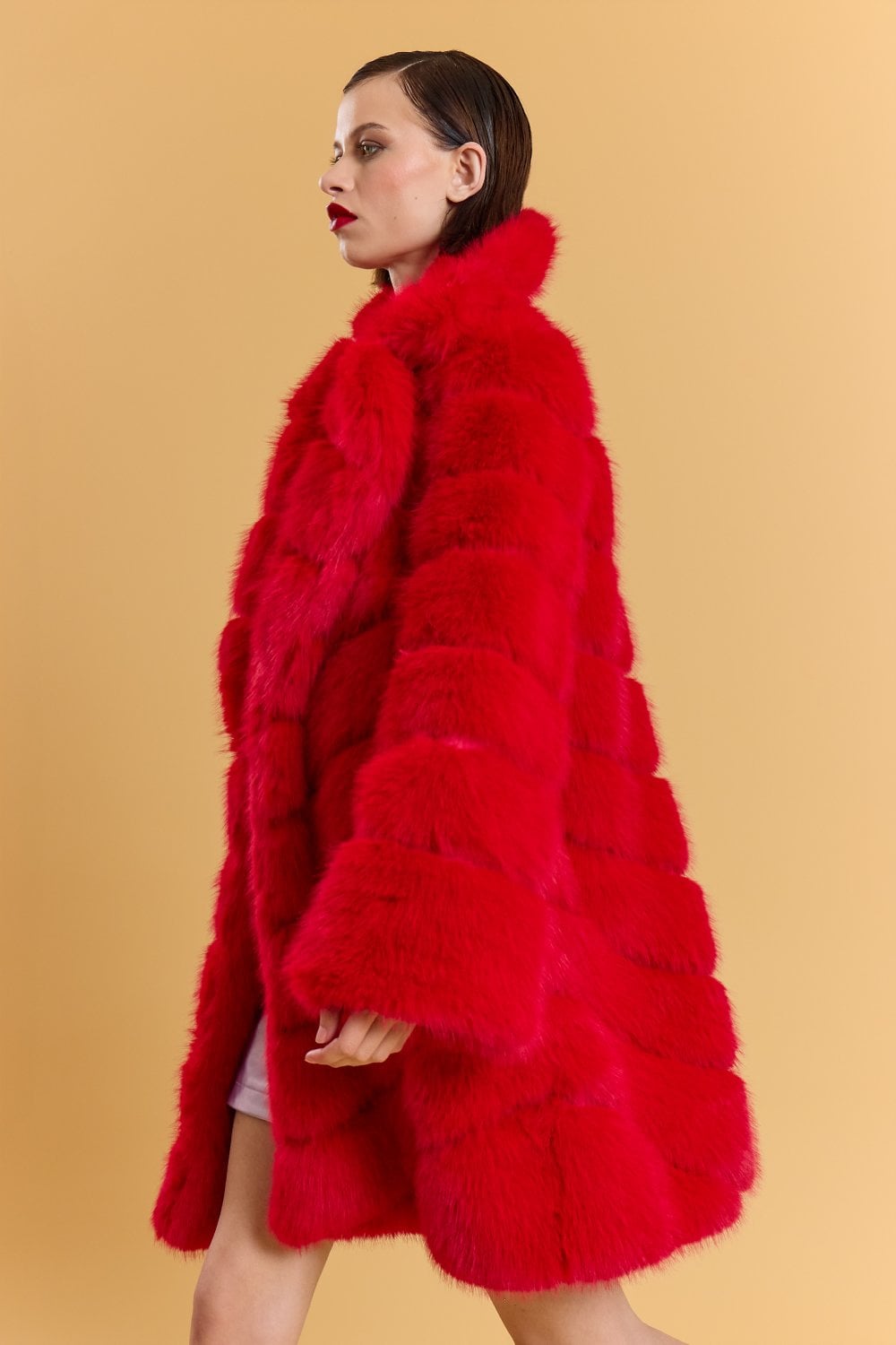 Red Handmade Bamboo Blend Faux Fur Coat
