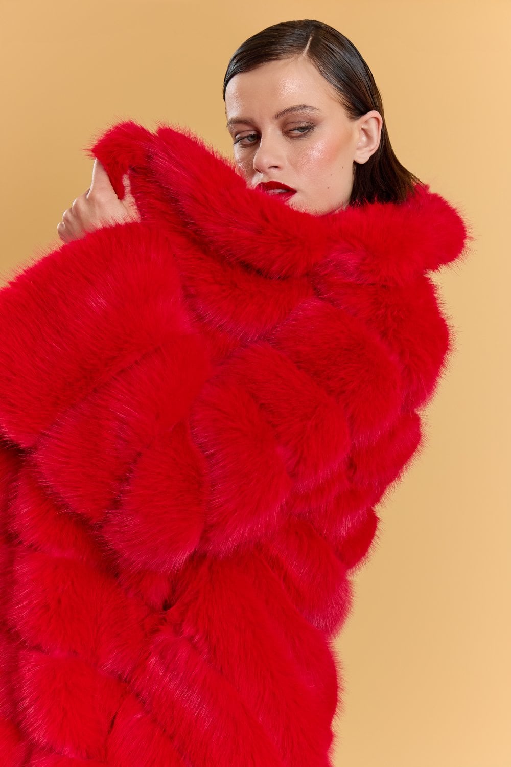 Red Handmade Bamboo Blend Faux Fur Coat
