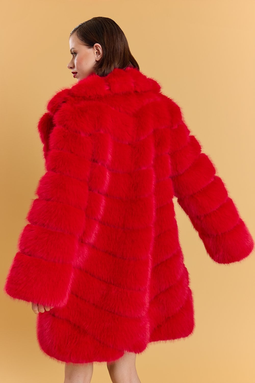 Red Handmade Bamboo Blend Faux Fur Coat