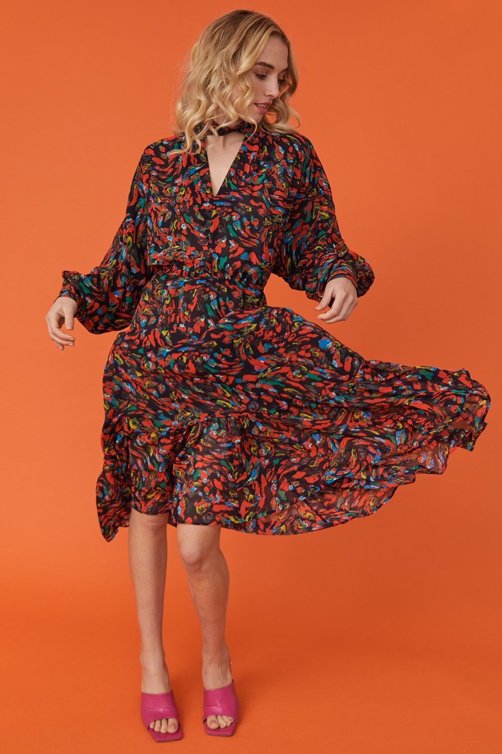 Silk Blend and Chiffon Floral Midi Dress in Red