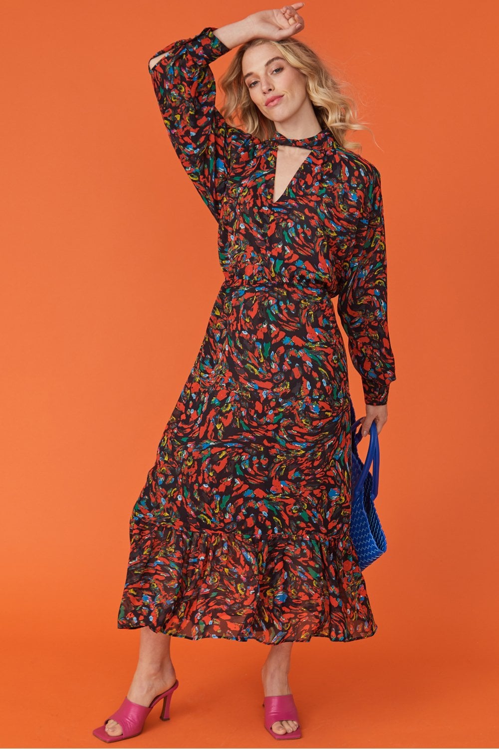 Silk Blend and Chiffon Floral Midi Dress in Red