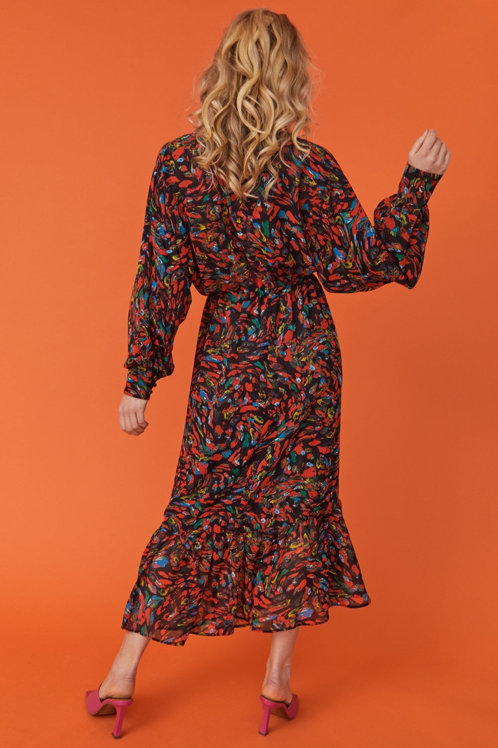 Silk Blend and Chiffon Floral Midi Dress in Red