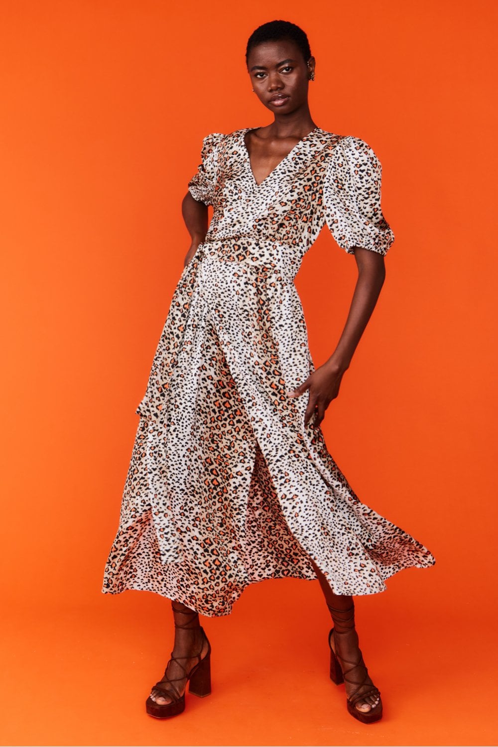 Silk Blend Leopard Animal Print Maxi Wrap Dress